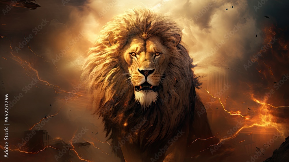 Poster a lion is standing in the midst of a storm of lightning. generative ai