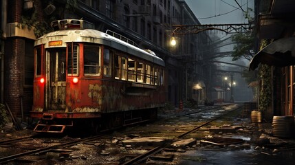  a train on a train track in a city at night.  generative ai