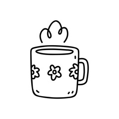 Cute cup of tea or coffee isolated on white background. Vector hand-drawn illustration in doodle style. Perfect for cards, menu, logo, decorations.