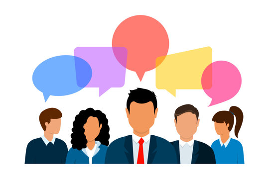 Icons of people with colorful speech bubbles. Business people group chat, business communication concept. Group of people talking with speech bubbles. Businessmen discuss social network, news