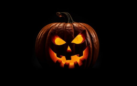 An orange pumpkin with a scary face stands and glows with glowing eyes on a Halloween table.