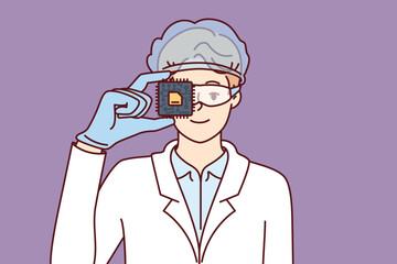 Man computer engineer holding microchip calling for investment in development of semiconductors and processors. Guy in white coat works in laboratory studying semiconductors and printed circuit boards