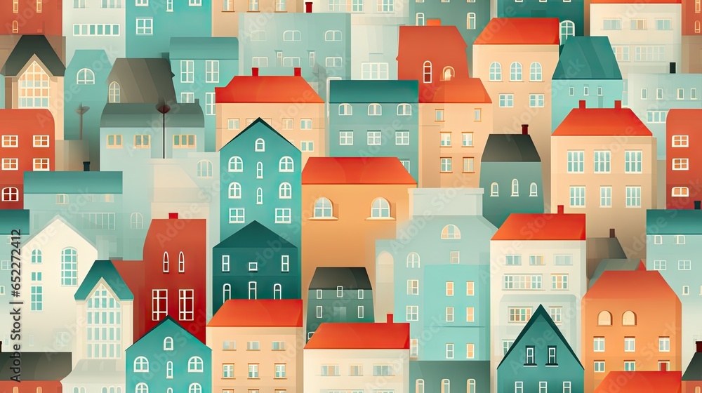 Poster a colorful city with many buildings and a clock tower in the distance. generative ai