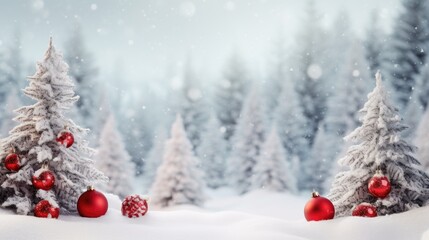 Beautiful Festive Christmas snowy background. Christmas tree decorated with red balls and knitted toys in forest in snowdrifts in snowfall outdoors, banner format, copy space- generative AI
