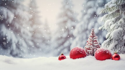 Beautiful Festive Christmas snowy background. Christmas tree decorated with red balls and knitted toys in forest in snowdrifts in snowfall outdoors, banner format, copy space- generative AI