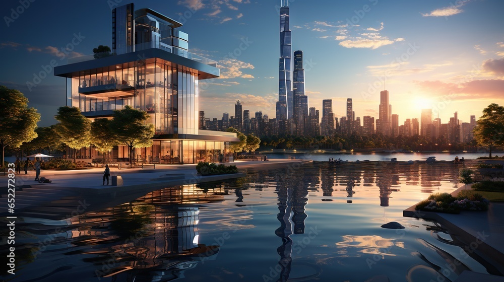 Poster a rendering of a futuristic city with a lake in front of it. generative ai