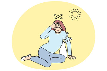 Unhealthy woman fall on ground suffer from heatstroke from hot weather outside. Female feeling bad lose consciousness struggle with heat. Overheat concept. Vector illustration.