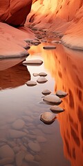 Desert Landscape located in Sedona, Arizona, with a little Water Ditch Reflective. High Orange Cliffs during the Sunset.