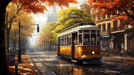  a painting of a trolley on a city street in autumn.  generative ai - obrazy, fototapety, plakaty
