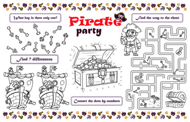 Festive placemat for children. Printable activity sheet "Pirate party" with a labyrinth, connect the dots and find differences. 17x11 inch printable vector file