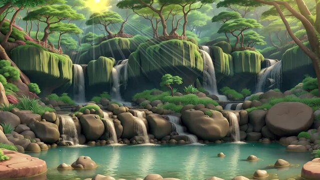 ush jungle waterfall surrounded by ancient towering trees and vibrant blossoms.