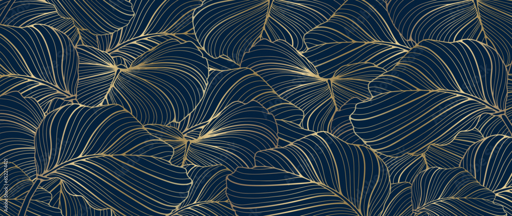 Poster dark blue botanical background with gold leaves. dark vector background for creating various designs