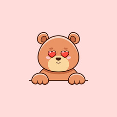 Cute brown bear in love with heart eyes in cartoon style. Vector illustration