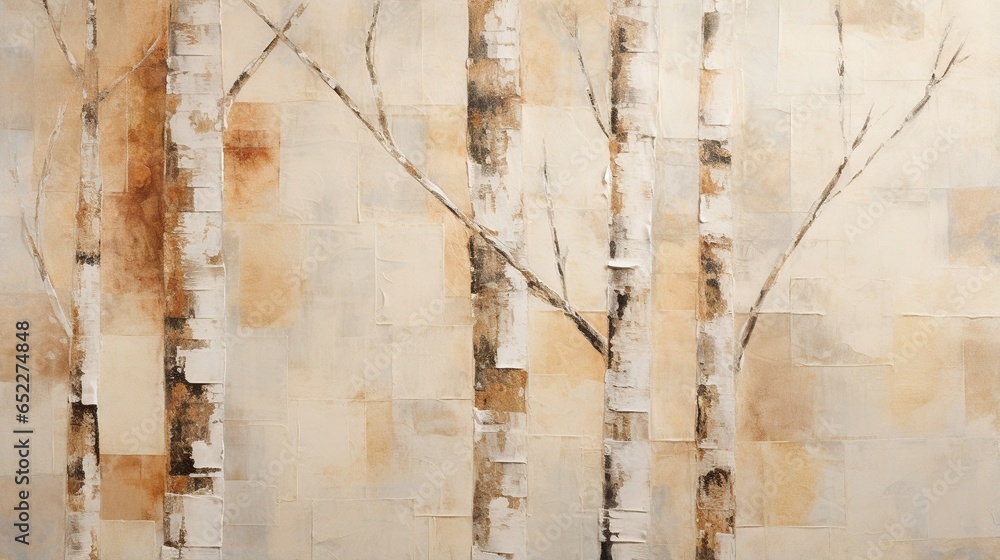 Poster a painting of a group of trees in front of a wall. generative ai