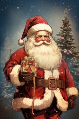 Illustration stylized as a retro vintage card: Christmas holiday, Santa Claus stands near the New Year tree with a gift, snow winter