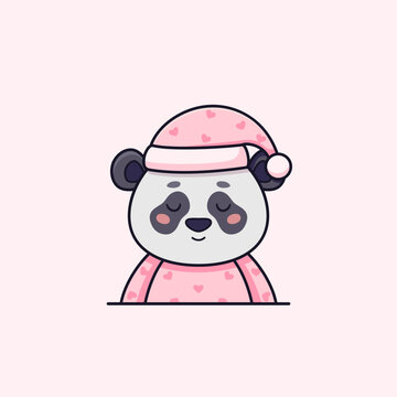 recommend clip art: Cute sleepy panda in pink pajama and night cap in cartoon style. Vector flat illustration