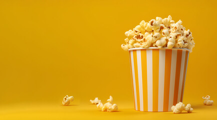 Striped bucket of popcorn on a yellow background - obrazy, fototapety, plakaty