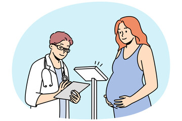 Doctor checking pregnant woman in hospital. Male GP weigh female with pregnancy at appointment in clinic. Healthcare and medicine. Vector illustration.