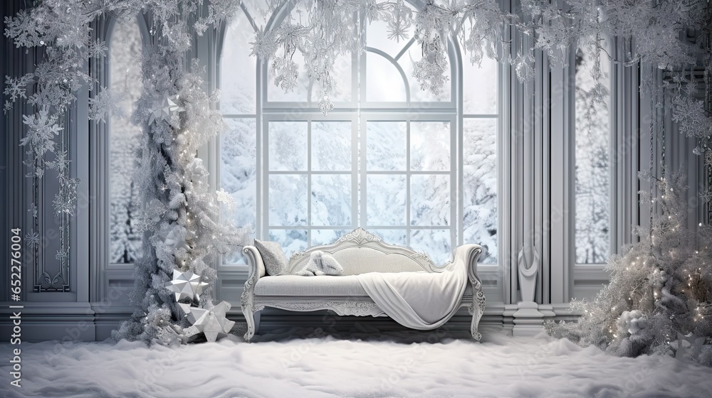 Poster a white couch sitting in front of a window covered in snow. generative ai