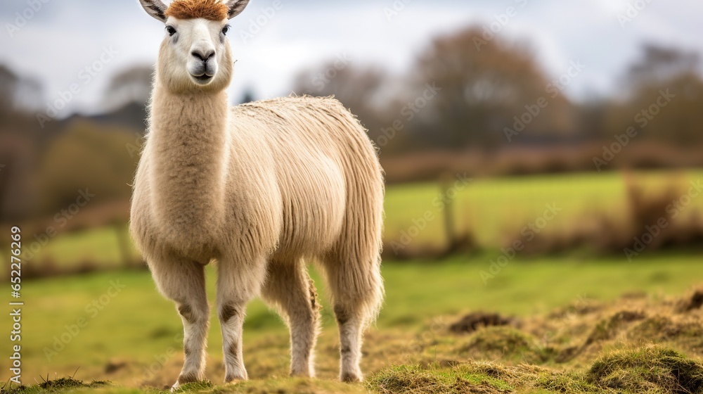 Poster a llama standing in a field with a fence in the background. generative ai