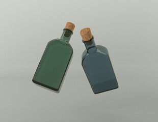 3d illustration of a pair of glass bottles with cork stoppers placed side-by-side on grey background