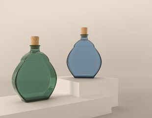 3d illustration of two intricately detailed glass vases, one blue and one green
