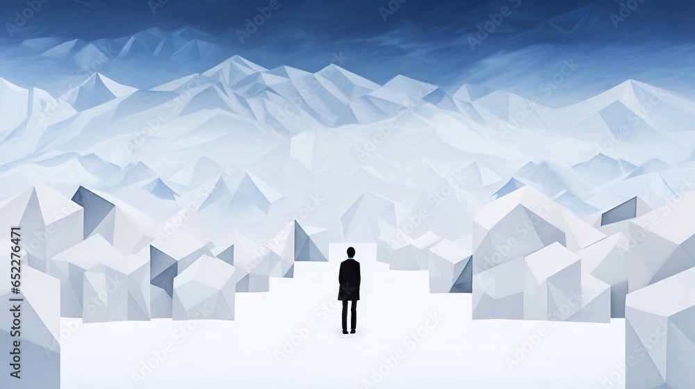 Poster a man standing in front of a mountain range with a sky background. generative ai