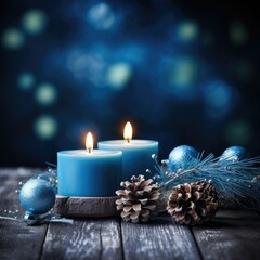 Fototapeta na wymiar blue Christmas candle on rustic wooden boards - Decoration with natural elements, twigs, pine cones and cookies - First Advent Sunday , Advent banner, panorama with magic bokeh lihgts- generative AI