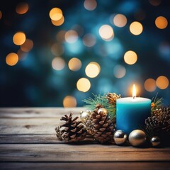 blue Christmas candle on rustic wooden boards - Decoration with natural elements, twigs, pine cones and cookies - First Advent Sunday , Advent banner, panorama with magic bokeh lihgts- generative AI