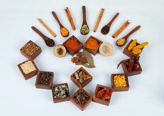 Top view of flavorful and spicy Indian spices served in wooden boxes and spoons with masala tea mix