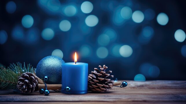 blue Christmas candle on rustic wooden boards - Decoration with natural elements, twigs, pine cones and cookies - First Advent Sunday , Advent banner, panorama with magic bokeh lihgts- generative AI