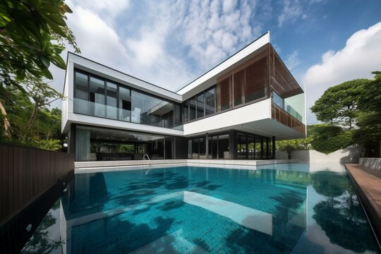Beautifully crafted: stunning residence with a mesmerizing pool scenery. Generative AI