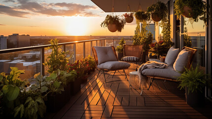Multi-functional Spaces: A balcony space that serves as a mini-garden, relaxation nook, and outdoor dining area. Suspended planters, a fold-out table, and stackable chairs - obrazy, fototapety, plakaty