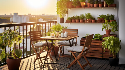 Multi-functional Spaces: A balcony space that serves as a mini-garden, relaxation nook, and outdoor dining area. Suspended planters, a fold-out table, and stackable chairs