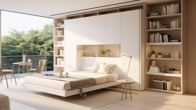 Multi-functional Spaces: A compact studio space that seamlessly integrates a bedroom, workspace, and living area. A murphy bed, Modular furniture