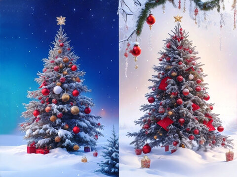 Vibrant and Festive Christmas Cards with Beautifully Decorated Trees Generative AI