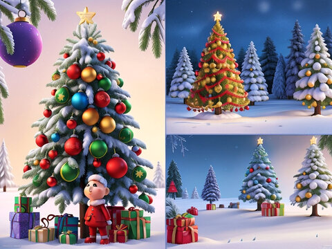 Vibrant and Festive Christmas Cards with Beautifully Decorated Trees Generative AI