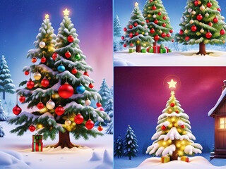 Vibrant and Festive Christmas Cards with Beautifully Decorated Trees Generative AI