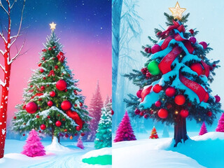 Vibrant and Festive Christmas Cards with Beautifully Decorated Trees Generative AI