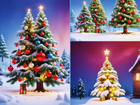 Vibrant and Festive Christmas Cards with Beautifully Decorated Trees Generative AI