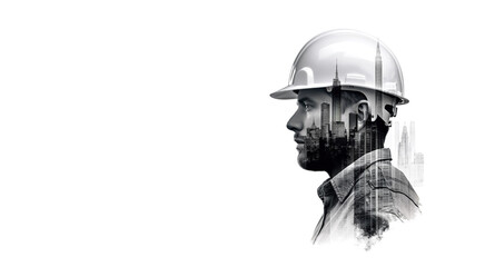 Banner in BIM concept. Builder or design engineer against a background of buildings projection on a white background - obrazy, fototapety, plakaty