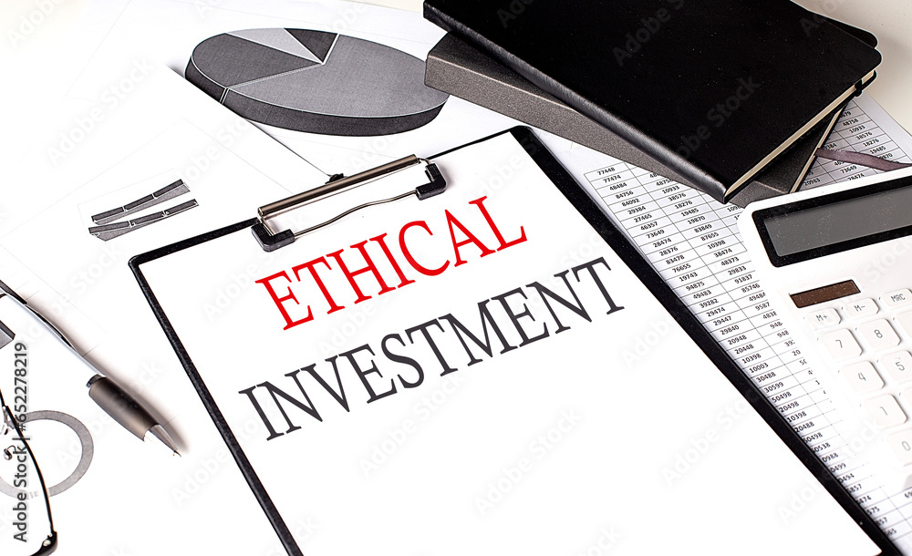 Poster ethical investment. text on paper clipboard with chart and notebook on withe background