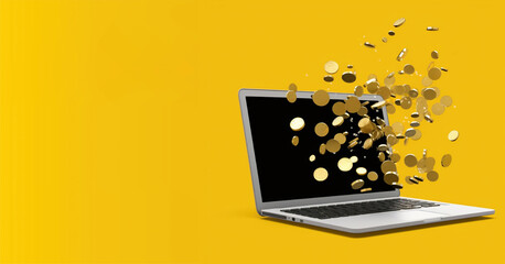 Online earnings on the Internet through a laptop. Laptop on a yellow background. Coins fall from the laptop. Work online