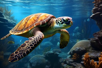 Obraz premium Sea Turtle Swimming in the clear sea ocean water HD with sunlight