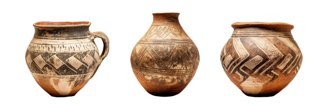 Neolithic Pottery Vessel, transparent background, isolated image, generative AI
