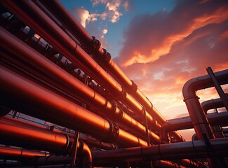 Steel pipelines and fittings in red close up, industrial pipe with gas or oil against the blue sky production industry oil pipeline Generative AI