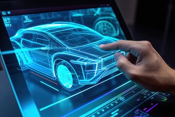 Car Design Using holographic app in digital tablet - obrazy, fototapety, plakaty