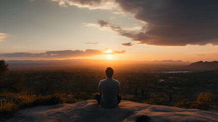 Back view of young man hiker on rock sitting on the mountain peak and beautiful mountains in fog at sunset in summer, man sit alone relaxing in nature during sunset