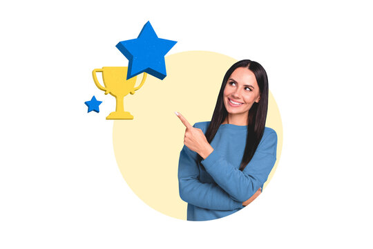 Picture 3d collage photo of cheerful woman hand showing goblet successful project startup isolated on white color painted background