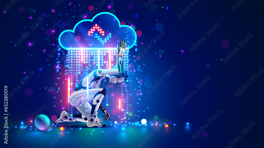 Aufkleber AI robot working with data in digital cloud storage. Robot holds cloud of data. Technology network communication, data processing by artificial intelligence. Cloud computing with AI technology